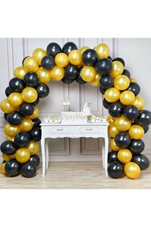 12 inç 50 Adet Metalik Gold - Pastel Siyah Balon + 5 mt balon zinciri