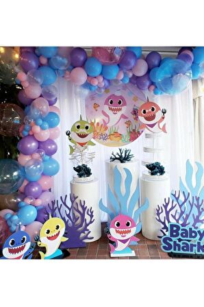 50 Adet Mor-Pembe-Mavi-Şeffaf  Baby Shark Temalı Balon Konsepti Ve Balon Zinciri