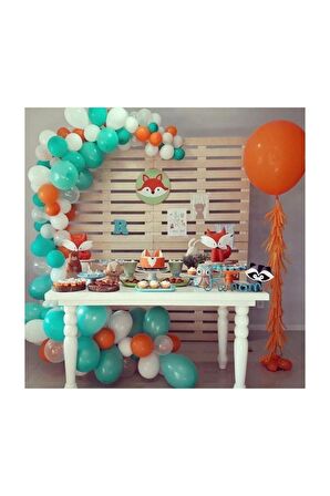 Tilki Temalı Mint Yeşili Beyaz Turuncu Metalik Balon 50 adet + 5 mt balon zinciri