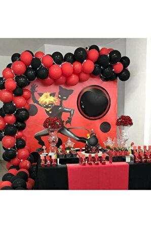 50 Adet Kırmızı-Siyah Karakedi Balon konsepti ve 5 mt balon Zinciri
