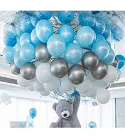 50 Adet Mavi, Beyaz, Gümüş Balon ve 5Mt Balon Zinciri