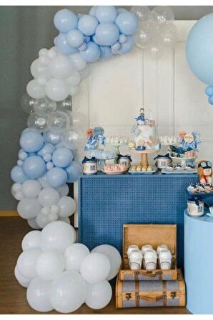 Pastel Beyaz Pastel Açık Mavi Şeffaf Balon Konsept Zinciri 70 Adet