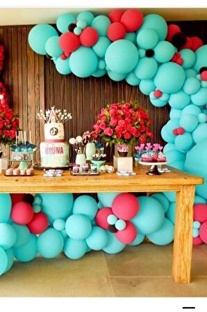 Mint Yeşili Pastel Kırmızı 70 Adet Balon + 5 mt balon zinciri