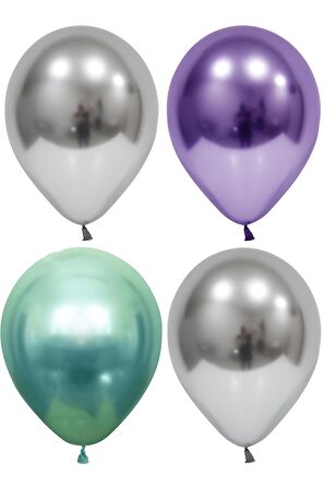 Gümüş-mor-yeşil Krom Balon 30 Adet