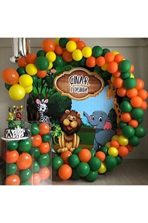 Safari Konsepti Balon Zinciri Koyu Yeşil Turuncu Sarı 70 Adet