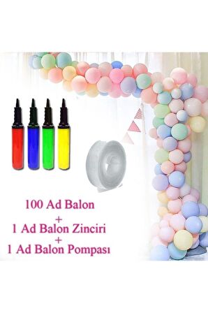 Makaron Pastel Balon + Balon Zinciri Ve Pompa Seti Soft Balon 100 Adet 