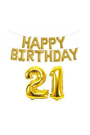 Altın Renk Happy Birthday Yazılı 21 Yaş Folyo Balon Parti Ve Kutlama Seti