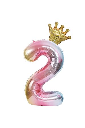 2 Yaş Gökkuşağı Rakam Ve Kral Tacı Folyo Balon Doğum Günü Parti Kutlama Seti