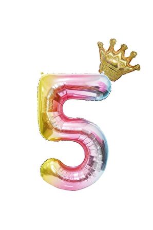 5 Yaş Gökkuşağı Rakam Ve Kral Tacı Folyo Balon Doğum Günü Parti Kutlama Seti