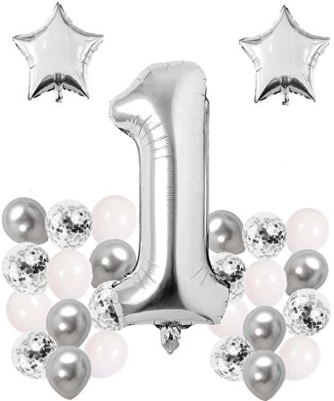 Gümüş Konsept 1 Yaş Doğum Günü Kutlama Seti; Beyaz Gümüş Konfetili Balon, Rakam Yıldız Folyo