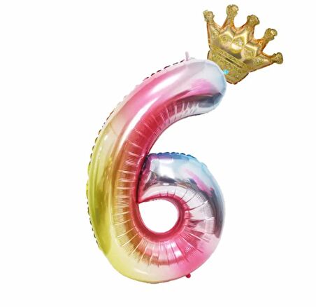 6 Yaş Gökkuşağı Rakam Ve Kral Tacı Folyo Balon Doğum Günü