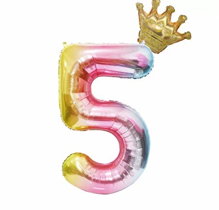 5 Yaş Gökkuşağı Rakam Ve Kral Tacı Folyo Balon Doğum Günü
