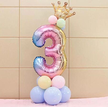 3 Yaş Gökkuşağı Rakam Ve Kral Tacı Folyo Balon Doğum Günü
