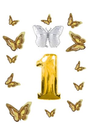 Beyaz Kelebek Folyo Balon Temalı Doğum Günü Parti Seti Gold Yaş 1