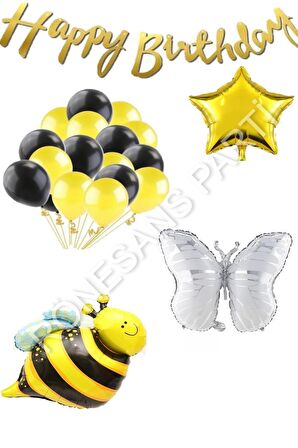 Happy Bırthday Banner ve Arı Kelebek Karakterli Yıldız Folyo Balon Seti 