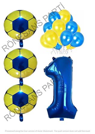 Sarı Lacivert Futbol Topu Folyo ve Latex Balon Rakam Seti Yaş 1