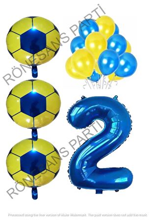 Sarı Lacivert Futbol Topu Folyo ve Latex Balon Rakam Seti Yaş 2