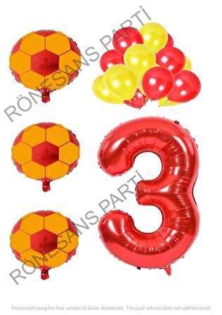 Sarı Kırmızı Futbol Topu Folyo ve Latex Balon Rakam Seti Yaş 3