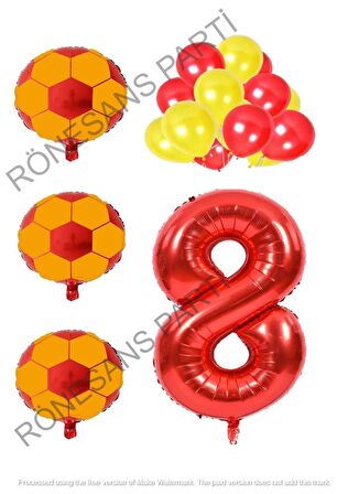 Sarı Kırmızı Futbol Topu Folyo ve Latex Balon Rakam Seti Yaş 8