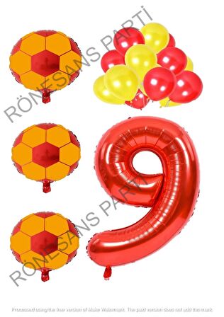 Sarı Kırmızı Futbol Topu Folyo ve Latex Balon Rakam Seti Yaş 9
