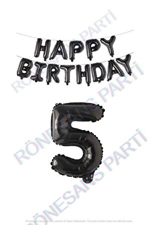 Happy Bırthday Siyah Renk Folyo Balon ve Rakam Seti Yaş 5