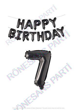 Happy Bırthday Siyah Renk Folyo Balon ve Rakam Seti Yaş 7