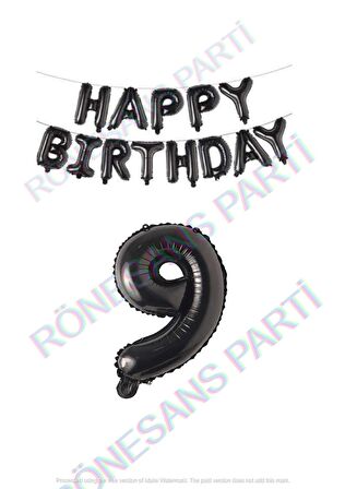 Happy Bırthday Siyah Renk Folyo Balon ve Rakam Seti Yaş 9