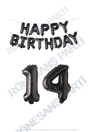 Happy Bırthday Siyah Renk Folyo Balon ve Rakam Seti Yaş 14