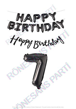 Happy Bırthday Siyah Renk Folyo Balon Kaligrafi Banner ve Rakam Seti Yaş 7