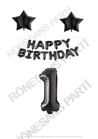 Happy Bırthday Siyah Renk Folyo Balon Yıldız Folyo ve Rakam Seti Yaş 1