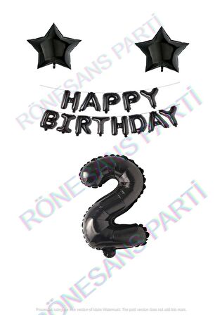 Happy Bırthday Siyah Renk Folyo Balon Yıldız Folyo ve Rakam Seti Yaş 2