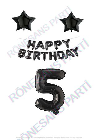 Happy Bırthday Siyah Renk Folyo Balon Yıldız Folyo ve Rakam Seti Yaş 5
