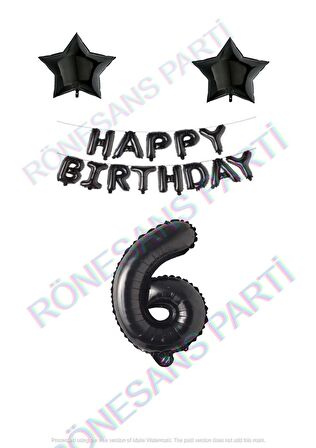 Happy Bırthday Siyah Renk Folyo Balon Yıldız Folyo ve Rakam Seti Yaş 6