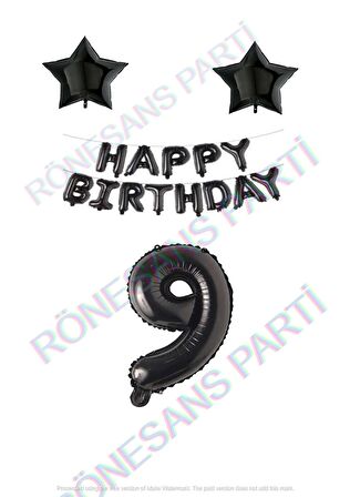 Happy Bırthday Siyah Renk Folyo Balon Yıldız Folyo ve Rakam Seti Yaş 9
