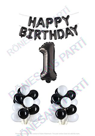 Happy Bırthday Siyah Renk Folyo Balon Latex Balon  ve Folyo Rakam Seti Yaş 1