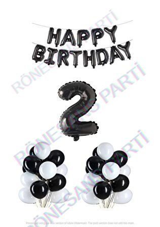 Happy Bırthday Siyah Renk Folyo Balon Latex Balon  ve Folyo Rakam Seti Yaş 2