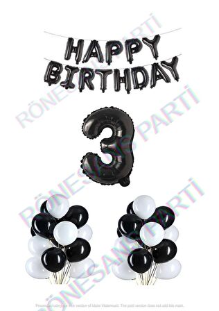 Happy Bırthday Siyah Renk Folyo Balon Latex Balon  ve Folyo Rakam Seti Yaş 3