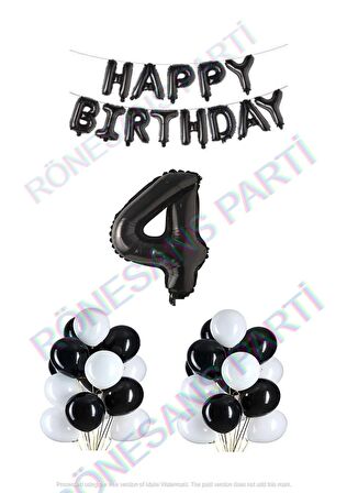 Happy Bırthday Siyah Renk Folyo Balon Latex Balon  ve Folyo Rakam Seti Yaş 4