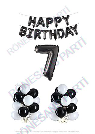 Happy Bırthday Siyah Renk Folyo Balon Latex Balon  ve Folyo Rakam Seti Yaş 7