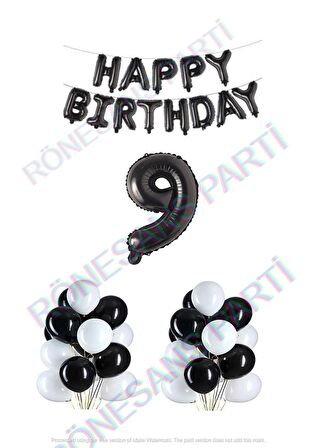 Happy Bırthday Siyah Renk Folyo Balon Latex Balon  ve Folyo Rakam Seti Yaş 9