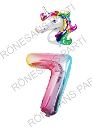 Unicorn Folyo Balon ve Gökkuşağı Rakam Folyo Balon Seti 7