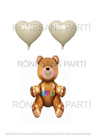 Happy Yazılı Oturan Ayı ve Bej Kalp Folyo Balon Seti