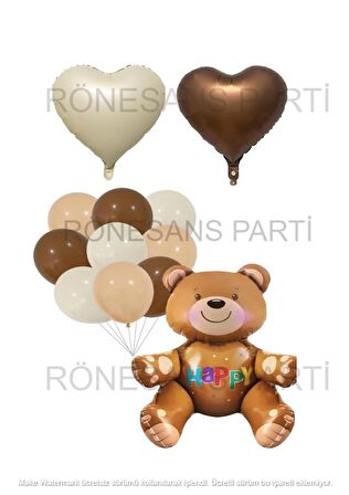 Happy Yazılı Oturan Ayı  Kalp Folyo ve Latex Balon Seti
