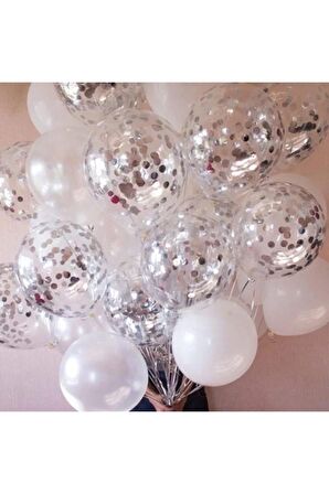 Gümüş Konfetili Şeffaf Balon Seti 20 Adet