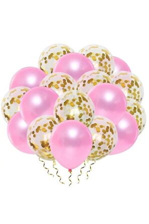 Gold Konfetili Şeffaf Balon Ve Metalik Pembe Balon Seti 20 Adet 