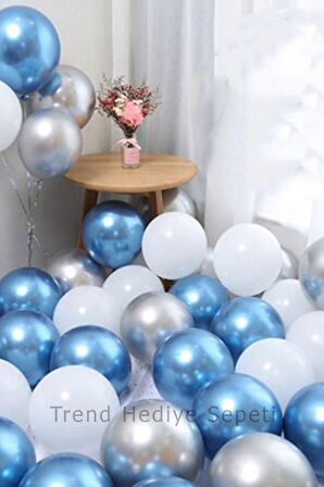 Krom Pembe - Mavi ve Pastel Beyaz Renk Balon 10 ADET
