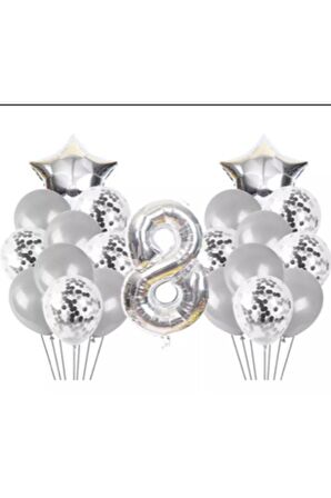8 Yaş Konfetili Balon Doğum Günü Seti Gümüş