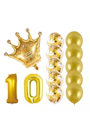 10 Yaş Kral Taçlı Gold Konfetili Şeffaf Balon Seti