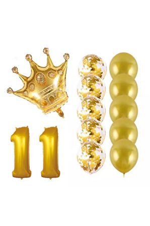 11 Yaş Kral Taçlı Gold Konfetili Şeffaf Balon Seti