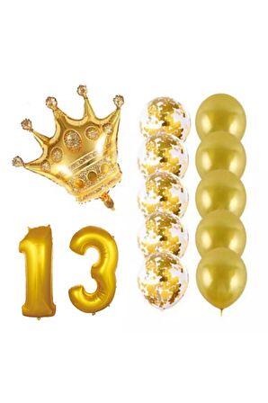 13 Yaş Kral Taçlı Gold Konfetili Şeffaf Balon Seti